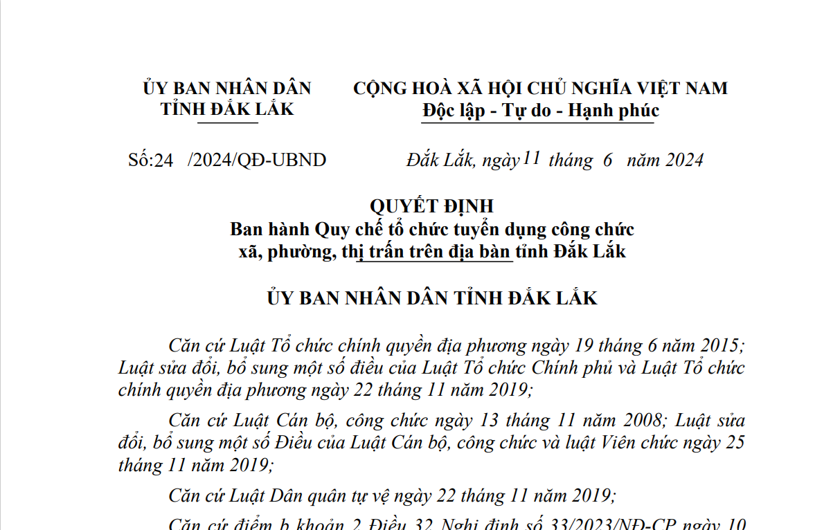 Ban hành Quy chế tổ chức tuyển dụng công chức  xã, phường, thị trấn trên địa bàn tỉnh Đắk Lắk